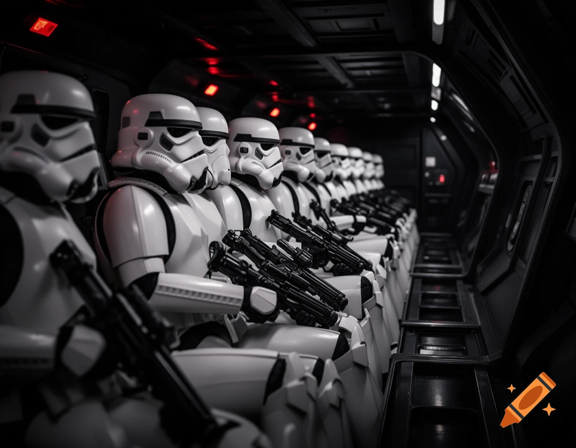 A line of Stormtroopers in white armor, holding blaster rifles, sitting in a dark, futuristic transport with red lights.