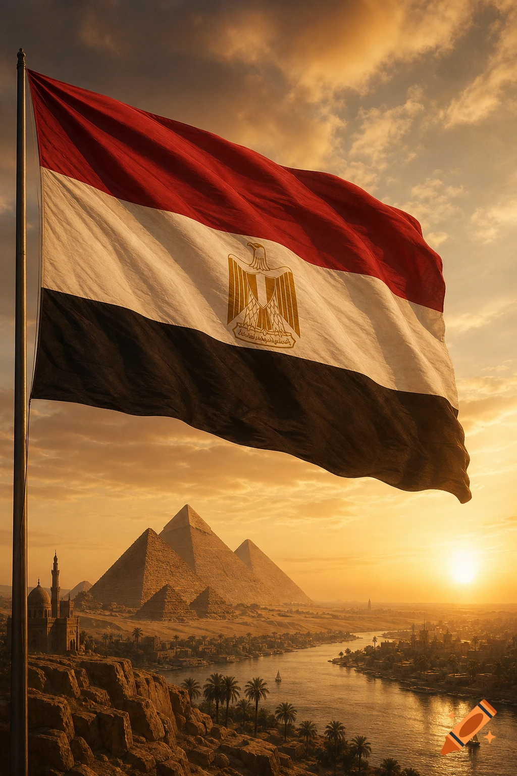 A massive Egyptian flag waves prominently in the foreground with the Giza pyramids and the Nile River visible at sunset.