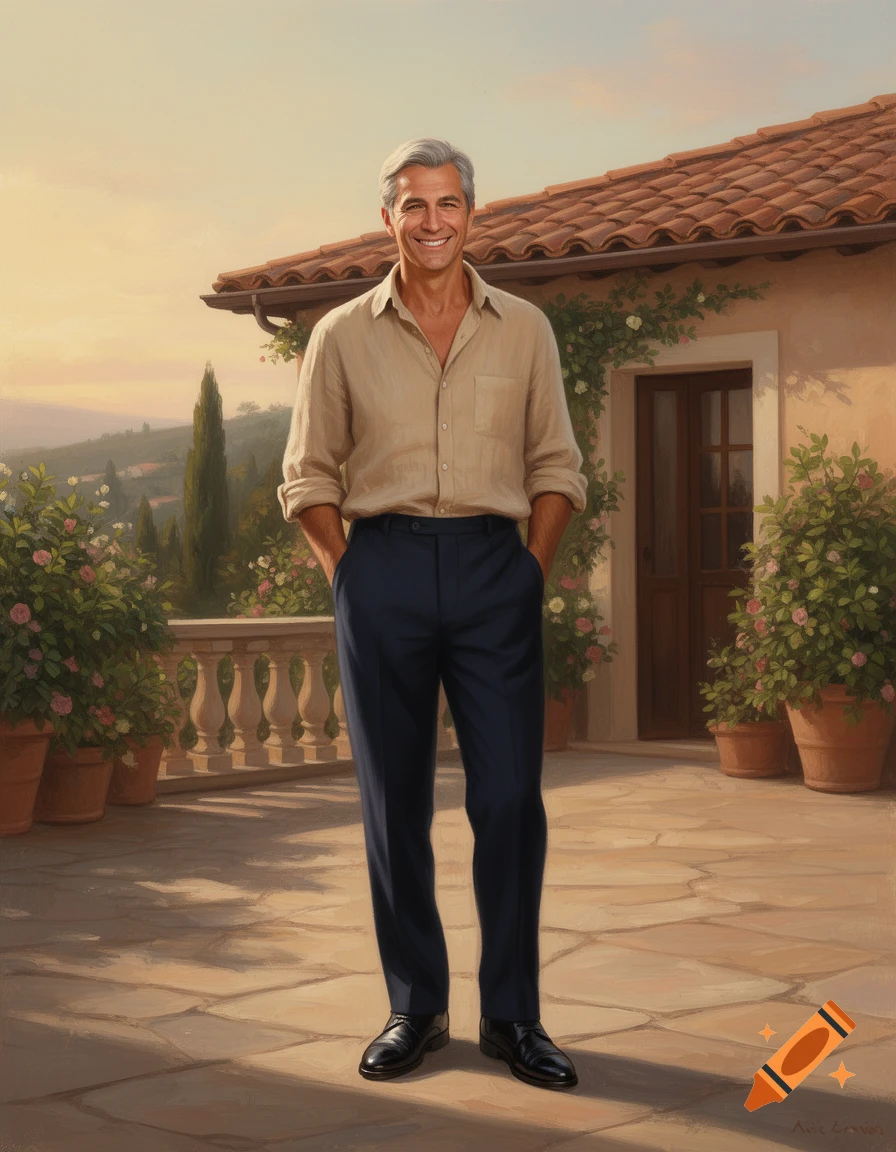 A smiling mature man with gray hair stands with hands in pockets on a stone patio in front of a Mediterranean villa at sunset, digital painting.