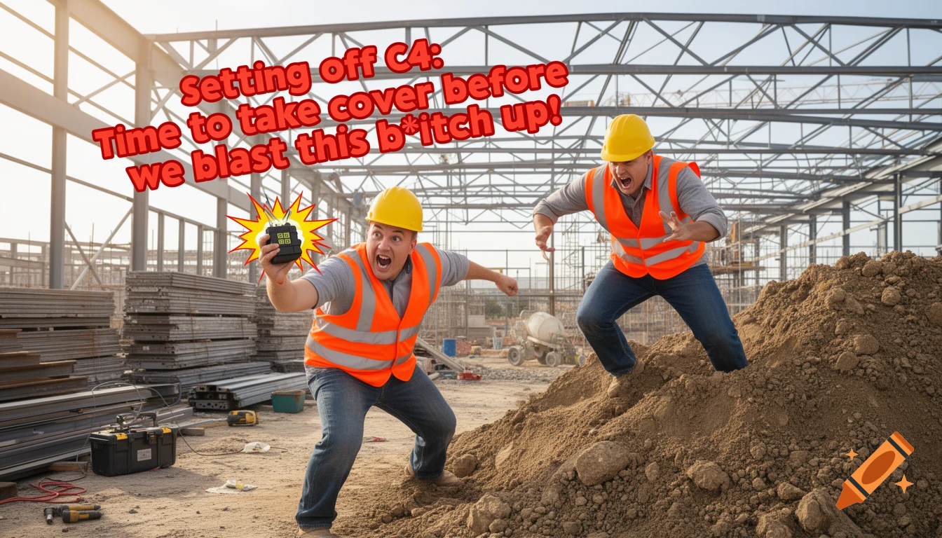 Two screaming construction workers on a dirt pile at a construction site; one holds a cartoon detonator. Bold red text says, "Setting off C4: Time to take cover before we blast this b*tch up!"