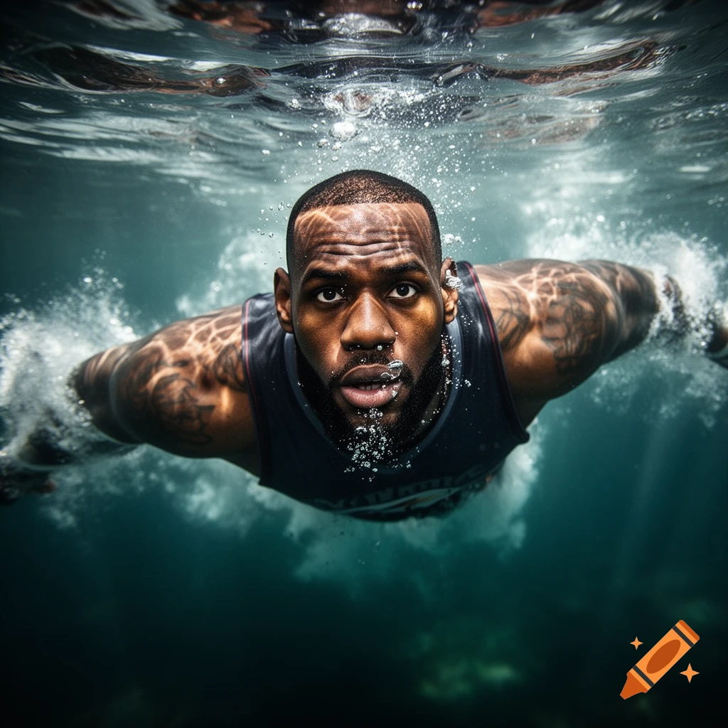 Photorealistic image of LeBron James underwater, looking forward with bubbles around his face and light patterns on his body.