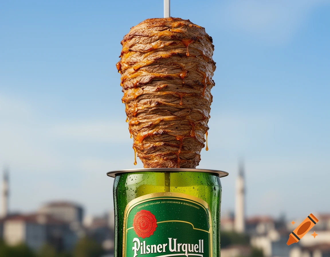 A large döner kebab skewer rotates atop a giant Pilsner Urquell beer can against a blue sky and blurred city background.