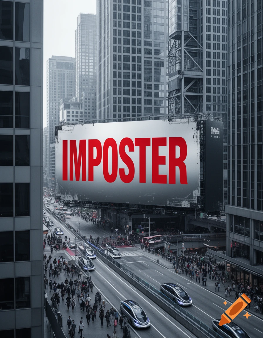 High-angle view of a futuristic city street with sleek cars and crowds, dominated by a large billboard displaying 'IMPOSTER' in red.
