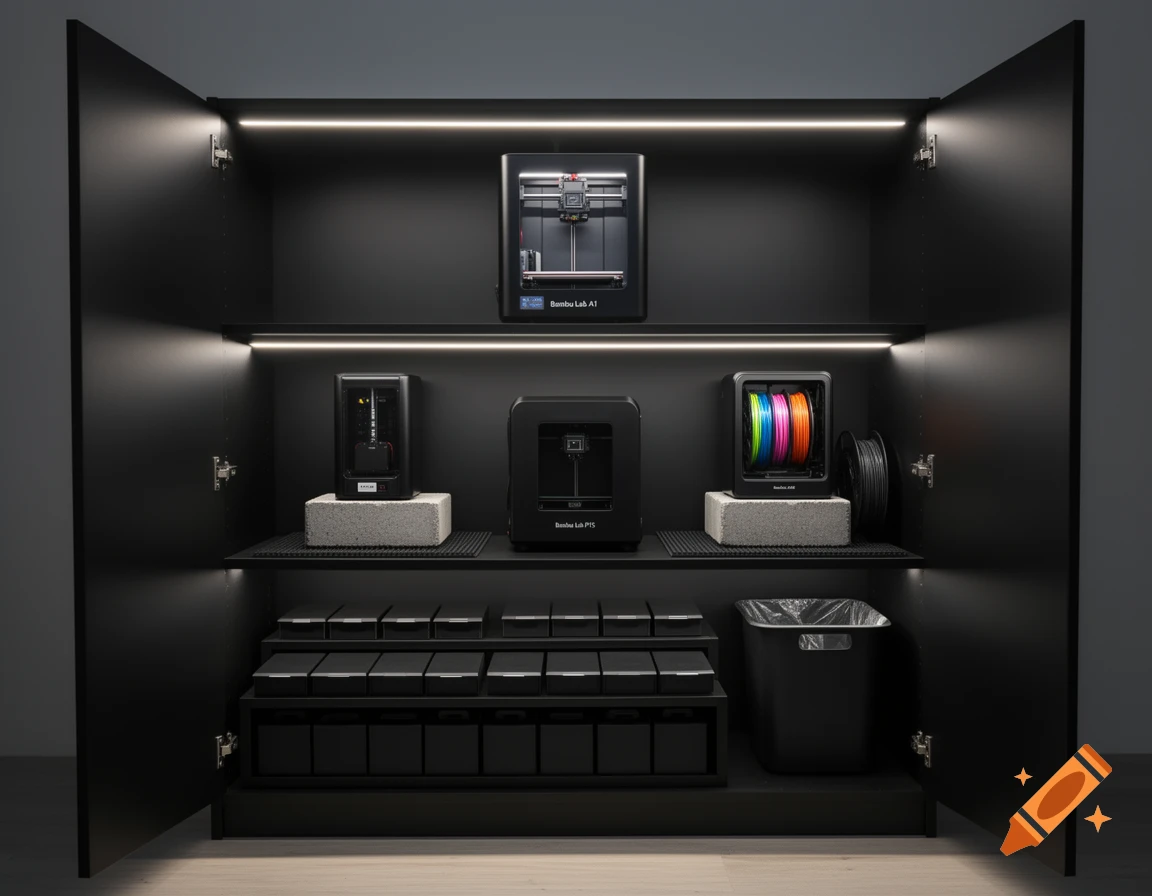 A custom matte black IKEA cabinet with open doors, showcasing a brightly lit 3D printing station with Bambu Lab printers, filament, and storage.