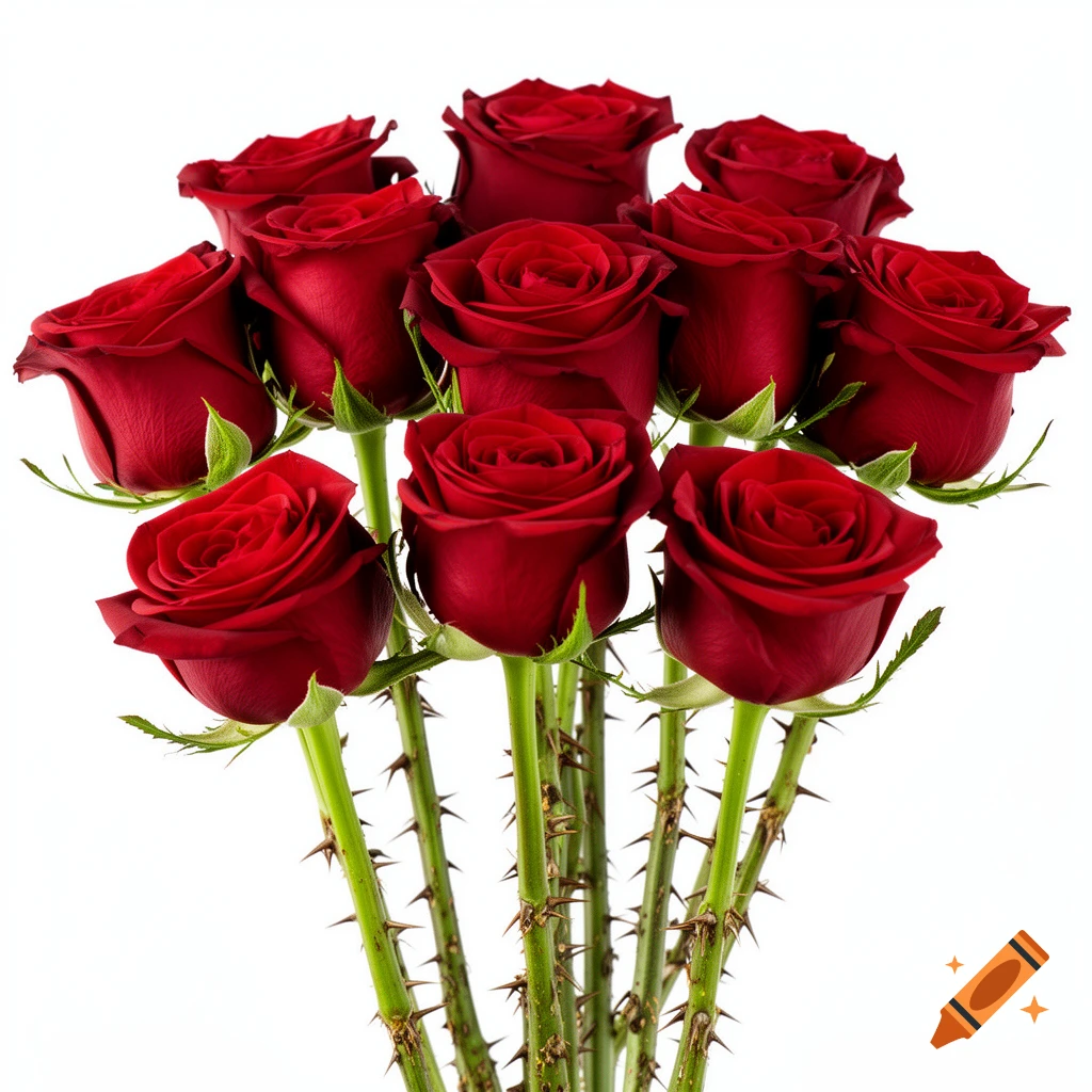 A vibrant bouquet of fresh red roses with thorny green stems, presented as an elegant product photograph on a white background.