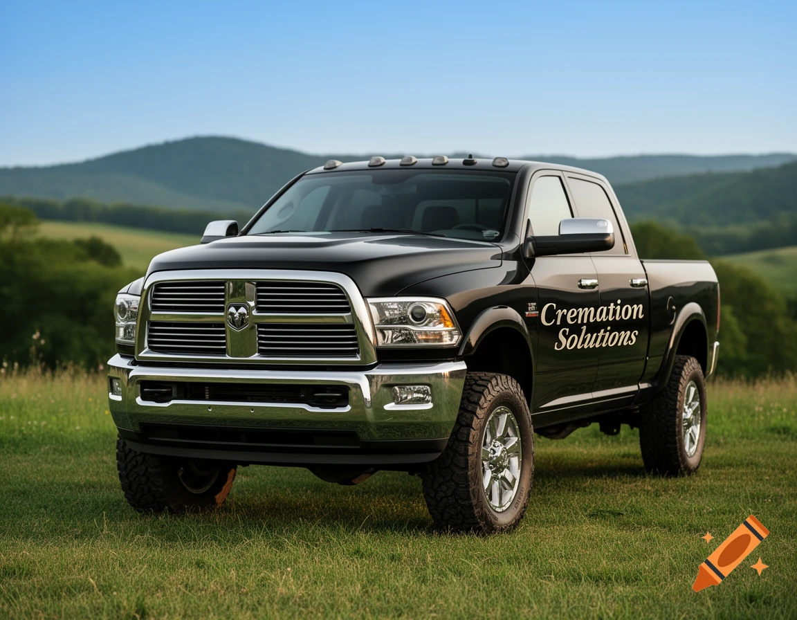 A black Dodge Ram 2500 pickup truck with "Cremation Solutions" on its side is parked in a grassy field under a blue sky.