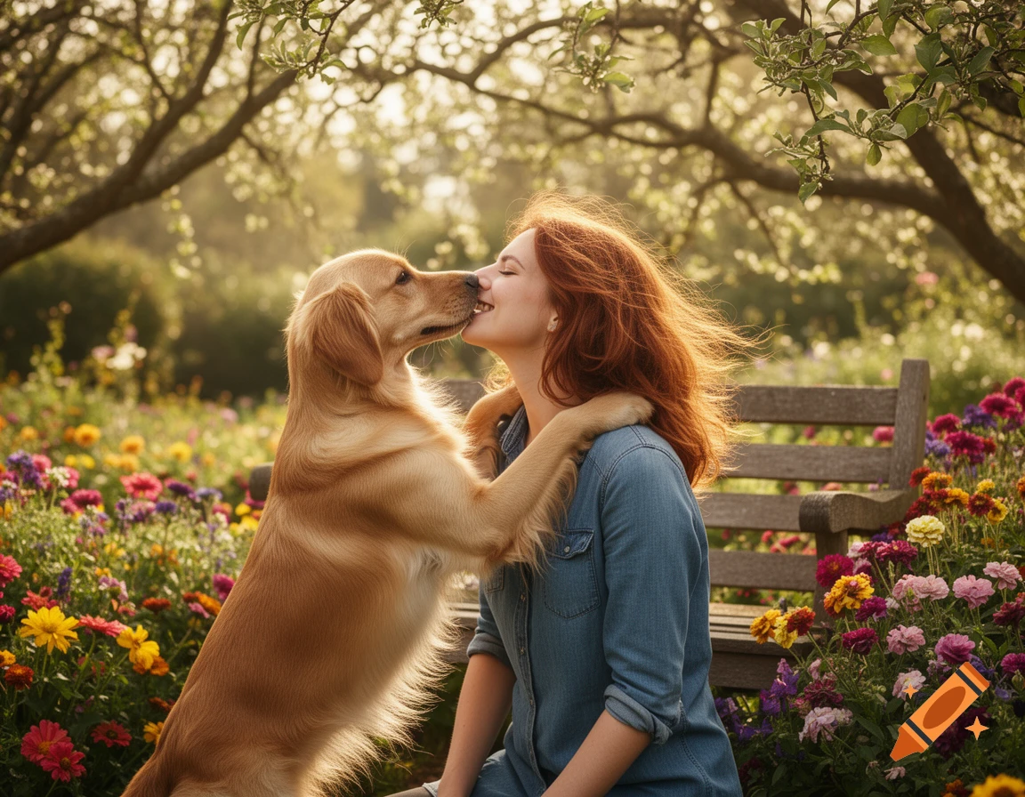 A woman with red hair smiles as a Golden Retriever licks her nose in a sunny flower garden, photorealistic.