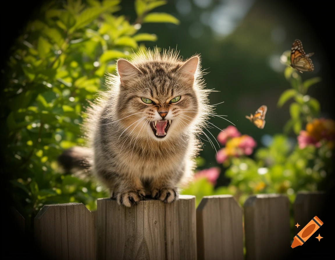 A fluffy, angry tabby cat with green eyes hisses on a wooden fence, with lush green foliage and two butterflies in the background.