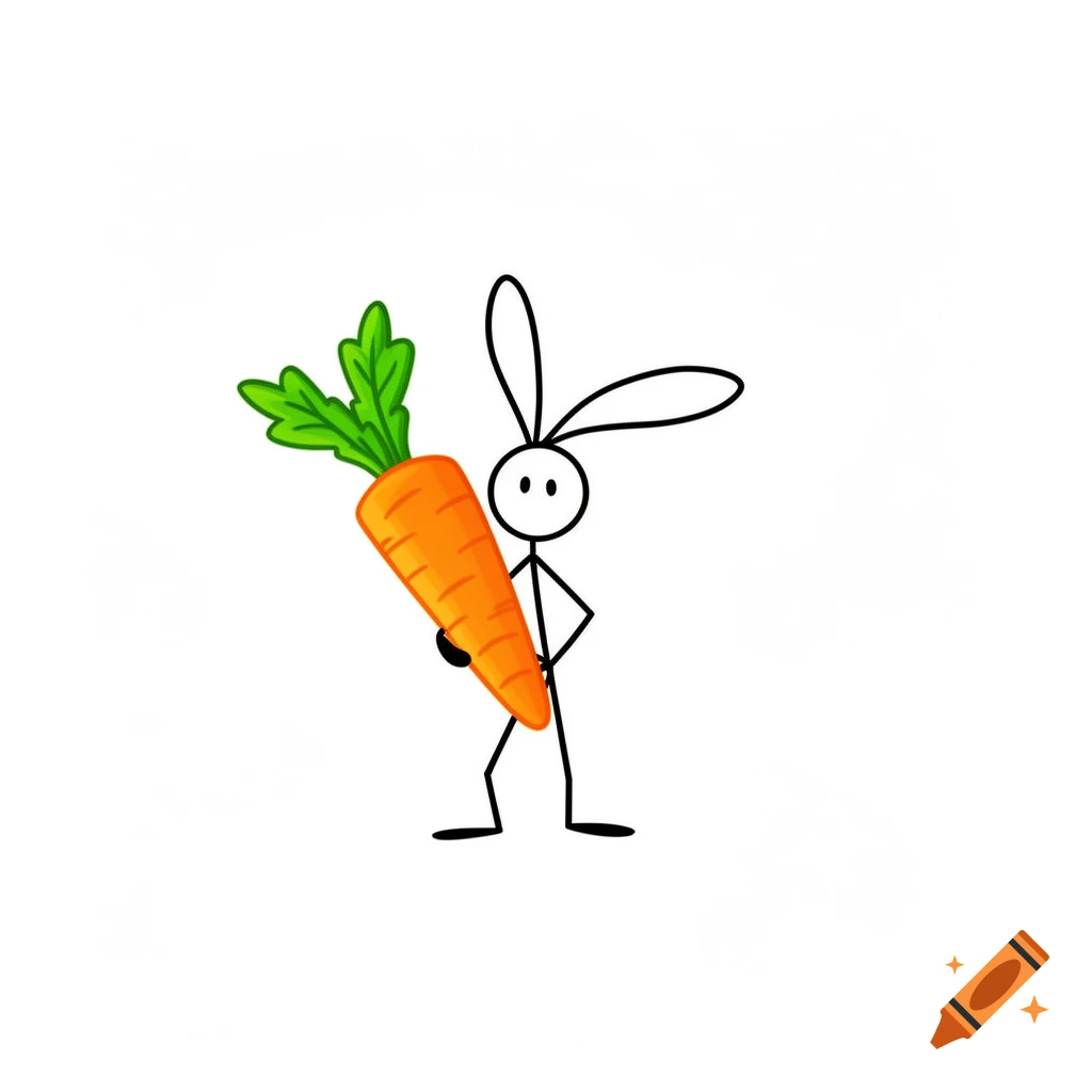A simple stick figure with bunny ears holds a large orange carrot on a white background.