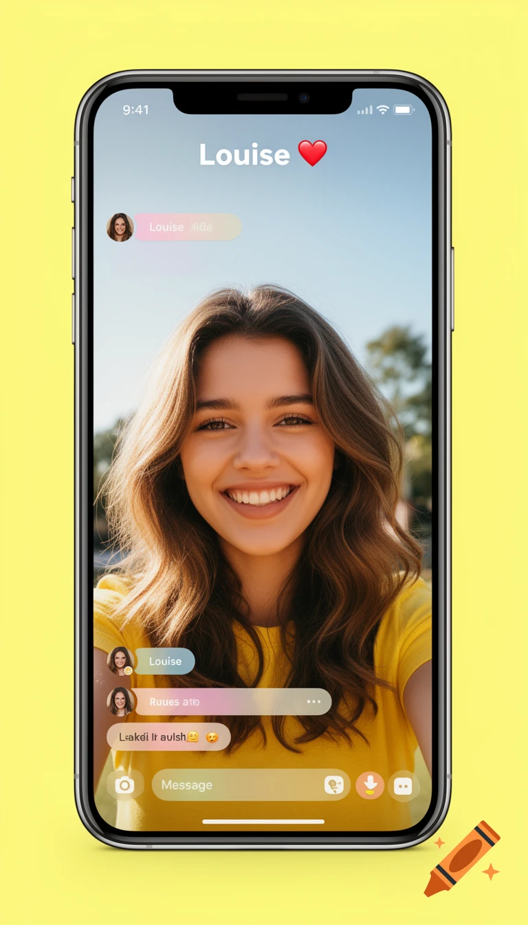 A smartphone displays a smiling young woman on a video call, mimicking a Snapchat interface with user profiles and chat bubbles.