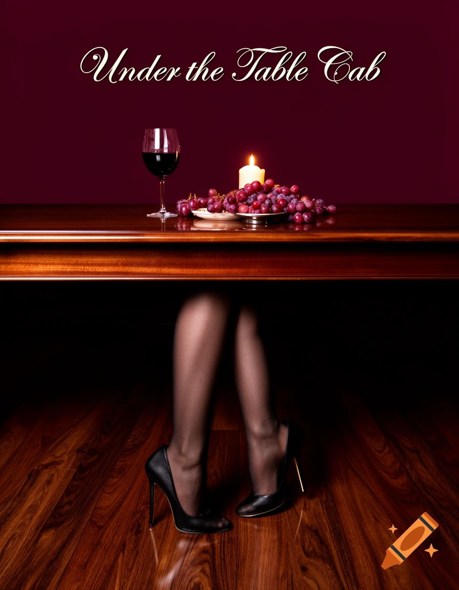 A photorealistic wine label image showing a glass of red wine, grapes, and a candle on a table, with a woman's legs in high heels visible underneath.