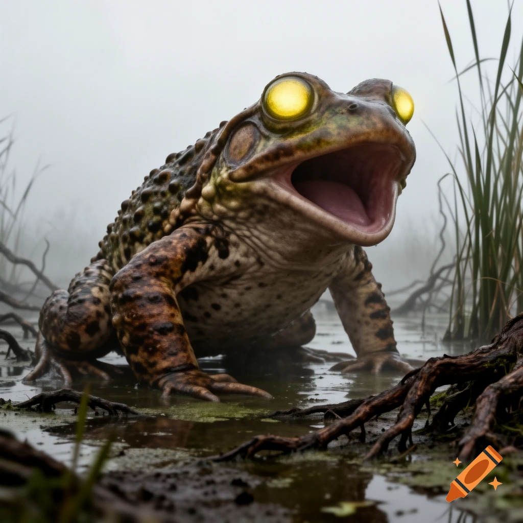 A monstrous frog with glowing yellow eyes and an open mouth sits in a misty, murky swamp with roots and grass.