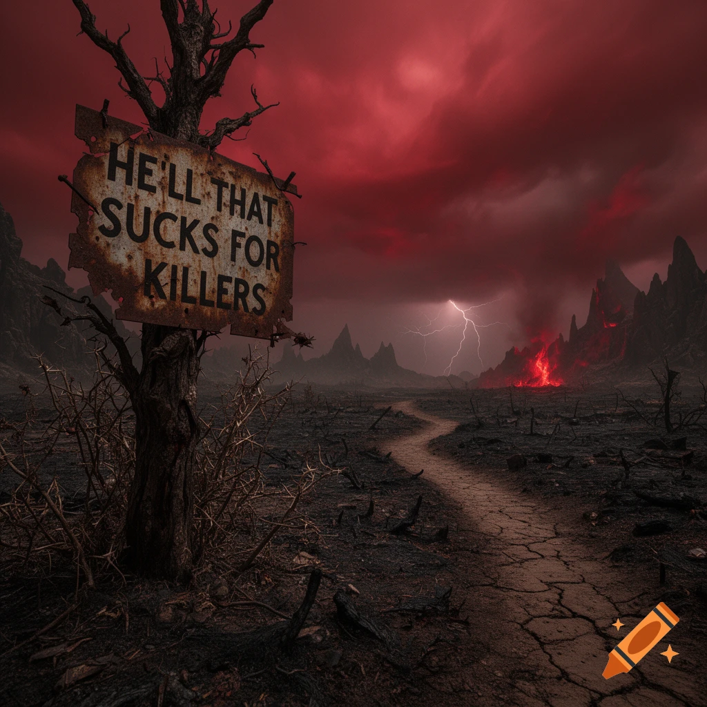 A dark fantasy hellscape with a rusty sign 'HE'LL THAT SUCKS FOR KILLERS', a path, and an erupting volcano under a stormy red sky.
