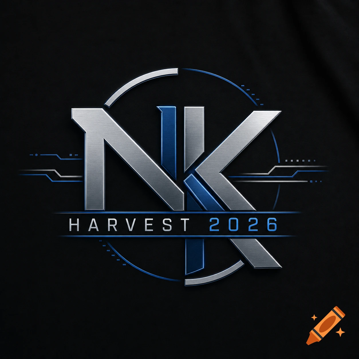 Metallic silver and blue logo with the letters NK and text "HARVEST 2026", against a dark background with blue tech lines.