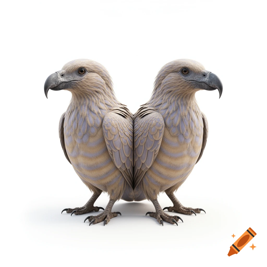 Two mirrored bird-like creatures with hooked beaks and banded beige and lavender grey feathers, photorealistic on a white background.