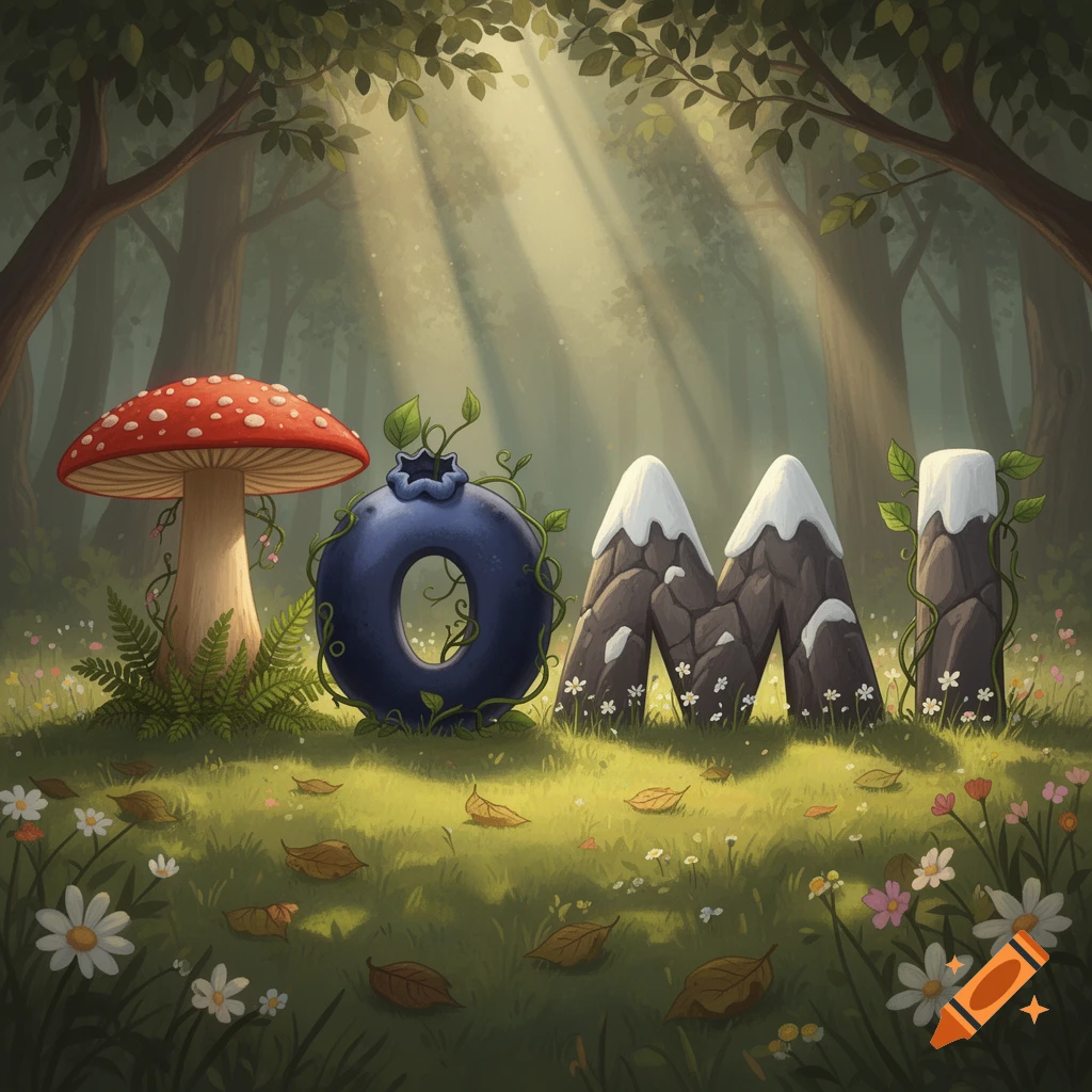 The name TOMMI spelled out with nature-themed letters (mushroom, blueberry, mountains, vine-covered trunk) in a sunlit fantasy forest.