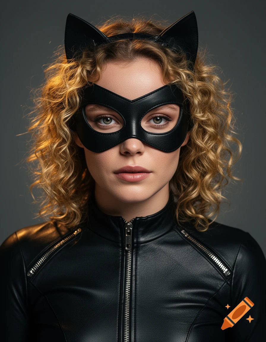 A photorealistic studio portrait of a woman dressed as Catwoman, wearing a black leather mask with cat ears and a matching zippered catsuit.