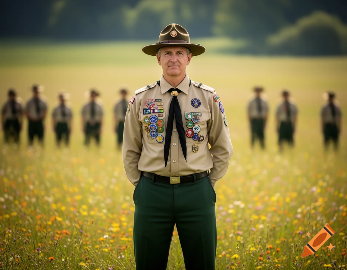 Photorealistic image of a scout leader in uniform standing in a wildflower field, with blurred scouts in the background.
