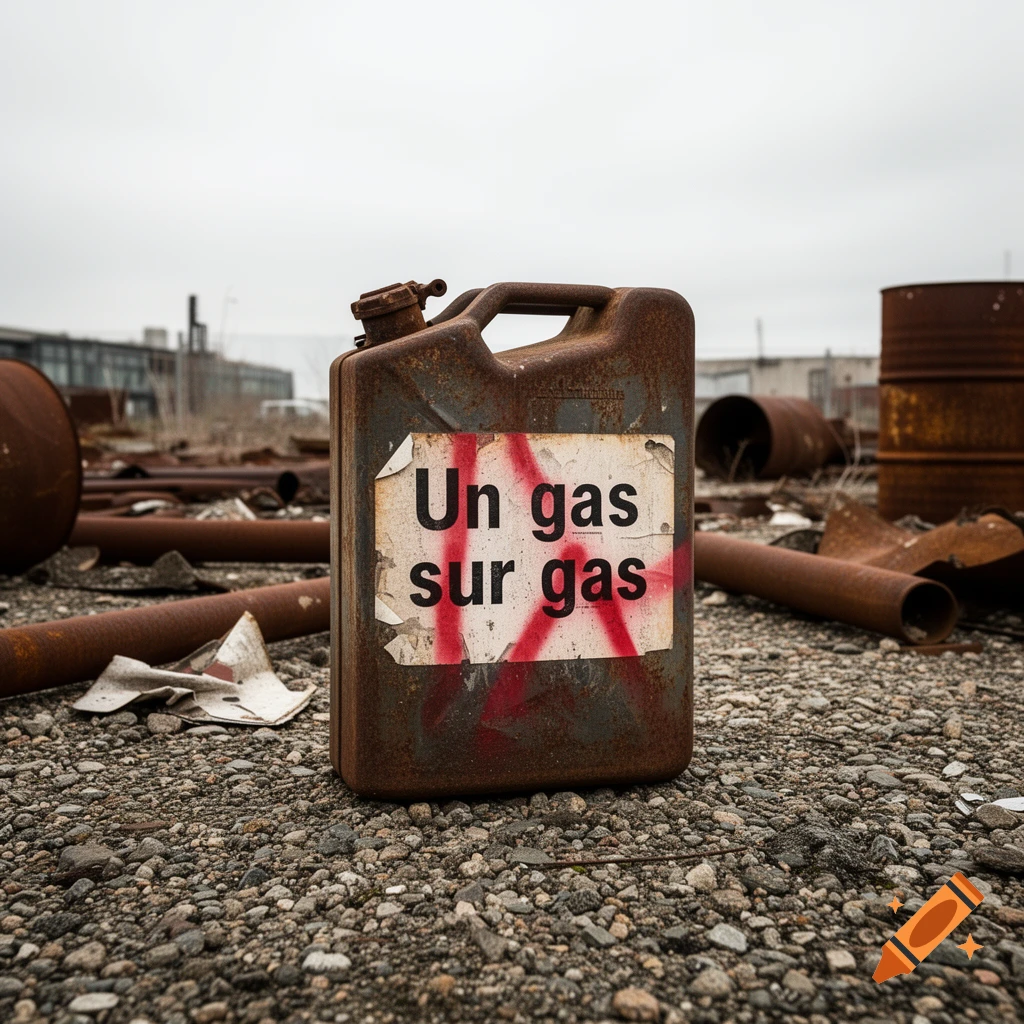 Close-up photorealistic shot of a rusty gas can with a white label reading "Un gas sur gas" on gravel in an industrial wasteland.