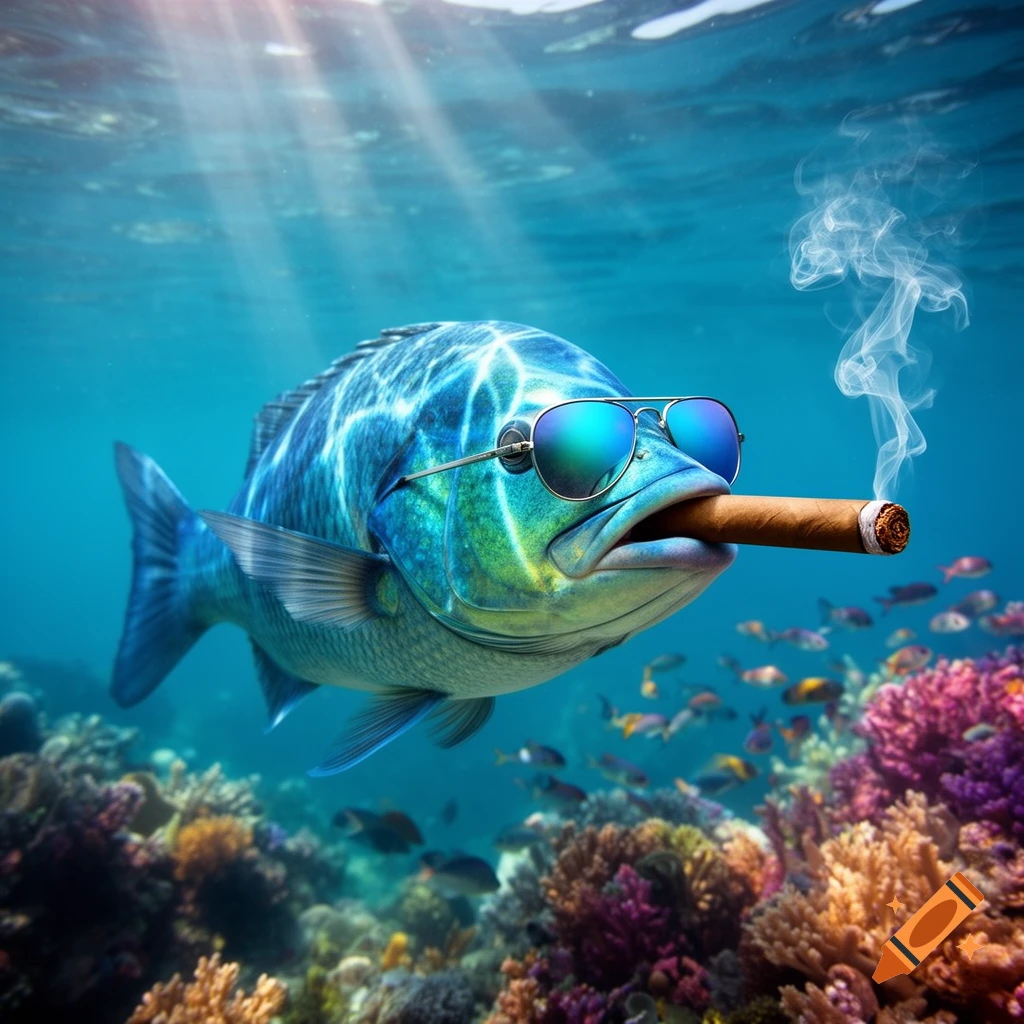 A blue and green fish wearing sunglasses and smoking a cigar underwater amidst colorful coral reefs.