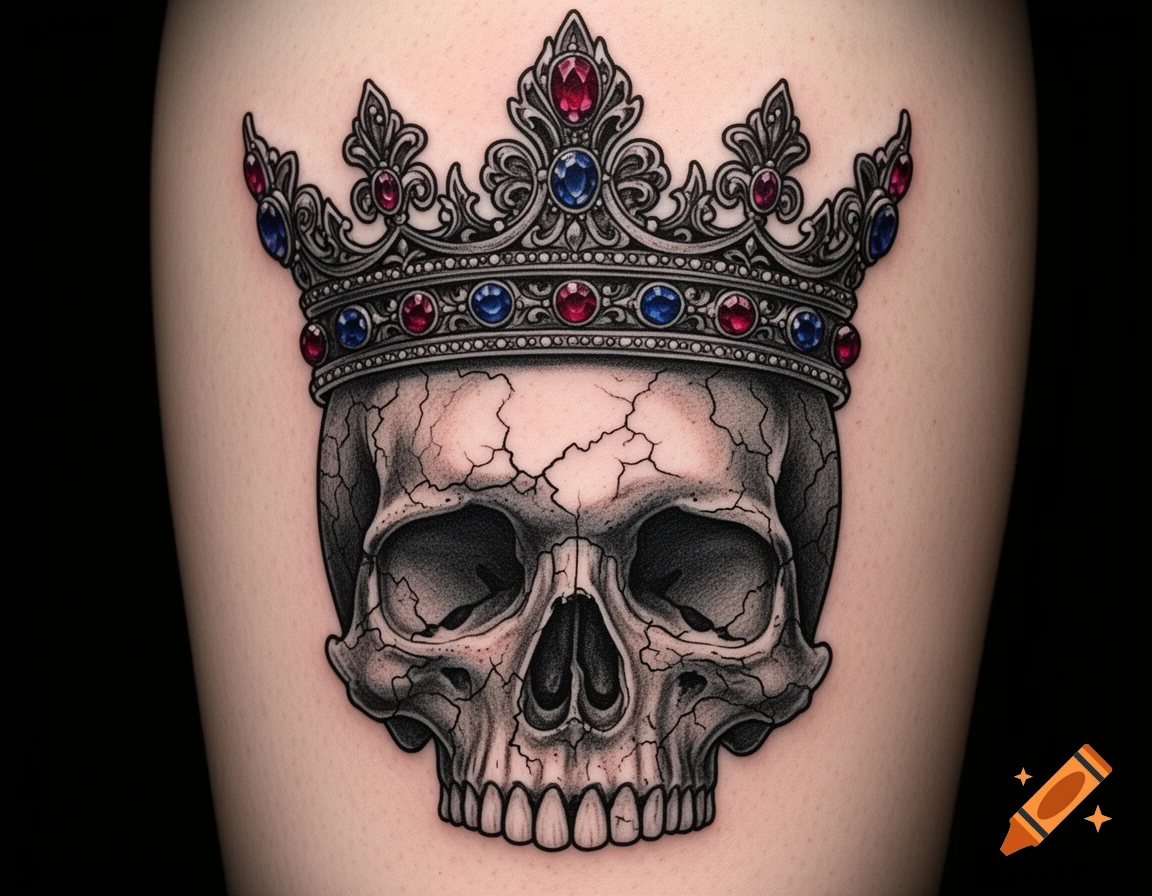A detailed tattoo design of a cracked skull wearing an ornate silver crown adorned with red and blue jewels.
