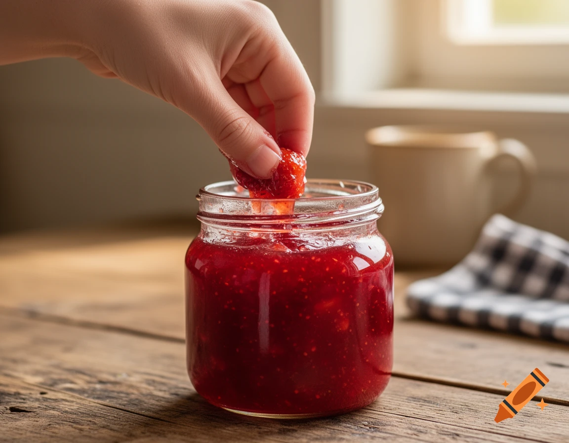 A hand dips a fresh strawberry into a clear glass jar filled with red strawberry jam on a rustic wooden table.