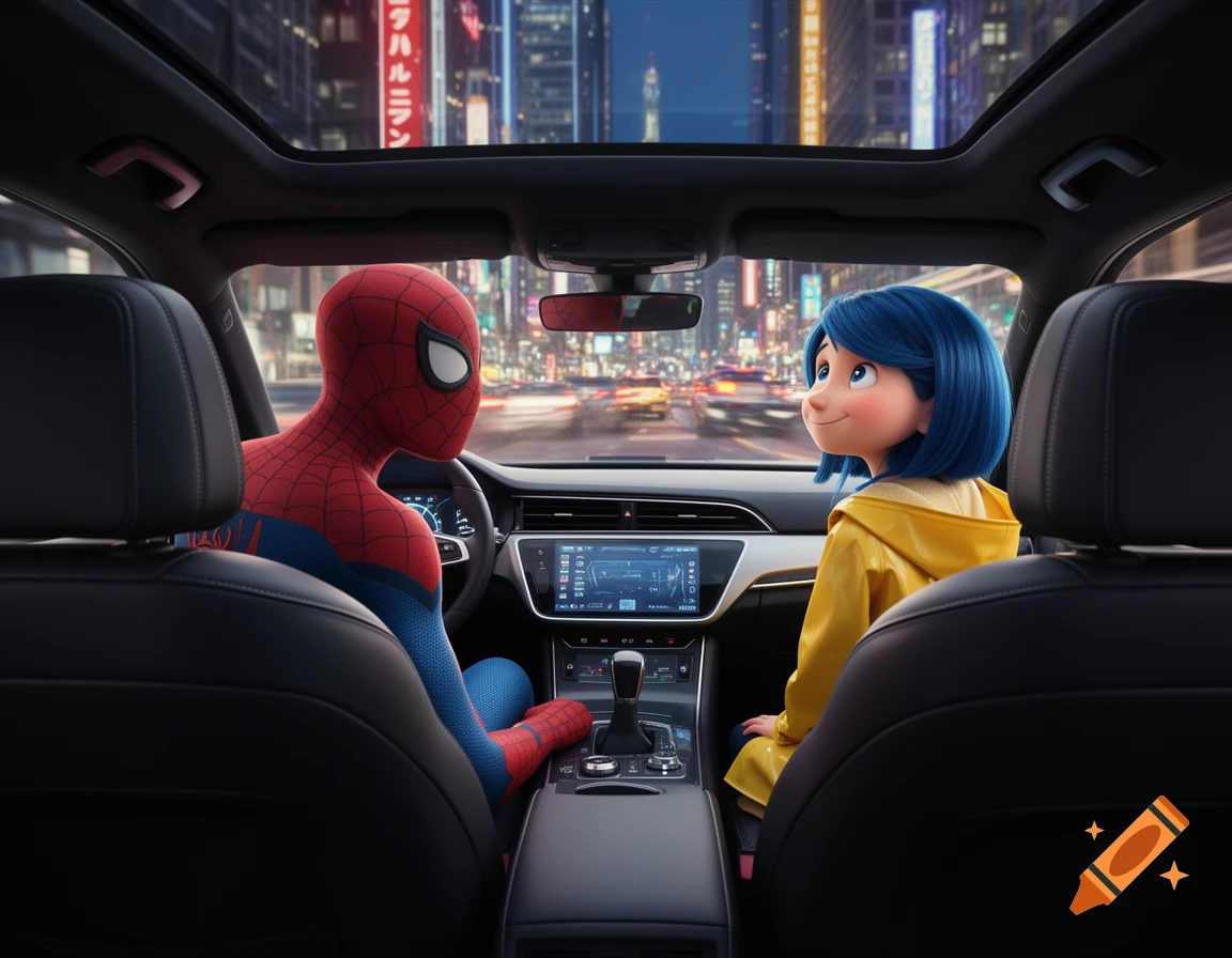 Spider-Man drives a car with Coraline in the passenger seat, looking out at a bustling city street at night. Animated style.