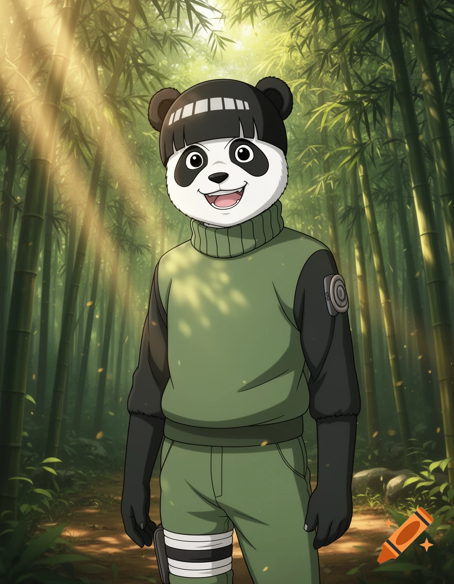 A happy anime-style panda character in a green jumpsuit and black hat stands smiling in a sunlit bamboo forest.