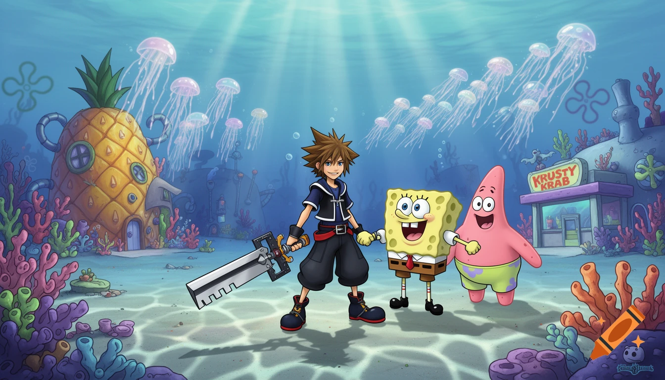 Sora, Spongebob, and Patrick pose underwater in Bikini Bottom with a pineapple house and Krusty Krab, in a vibrant cartoon style.