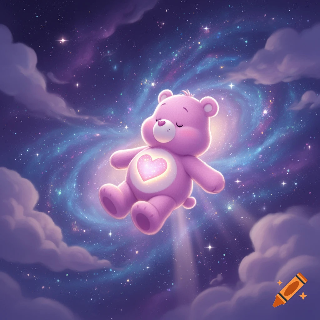 A pink Carebear with a glowing heart emblem floats peacefully in a starry, purple galaxy with clouds.