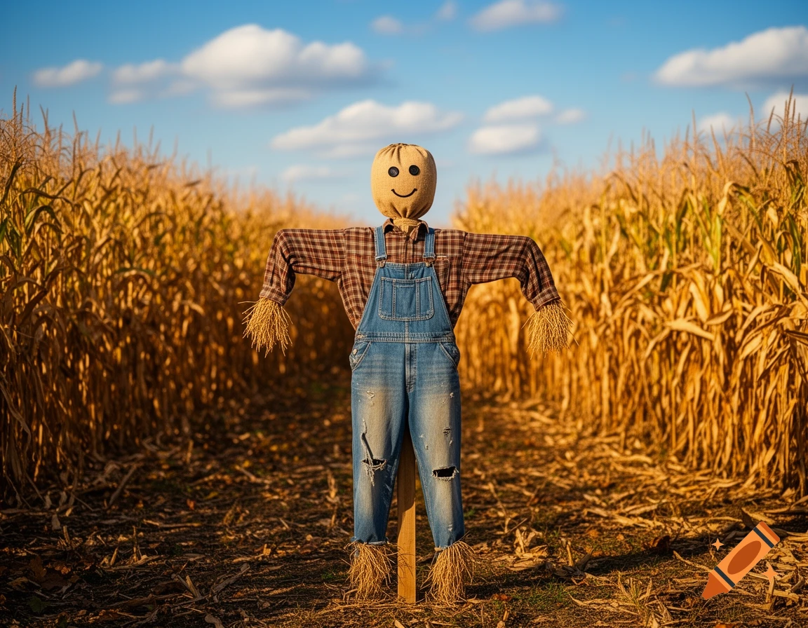 A photorealistic scarecrow with a burlap smiley face, plaid shirt, and denim overalls stands in a golden cornfield under a blue sky.