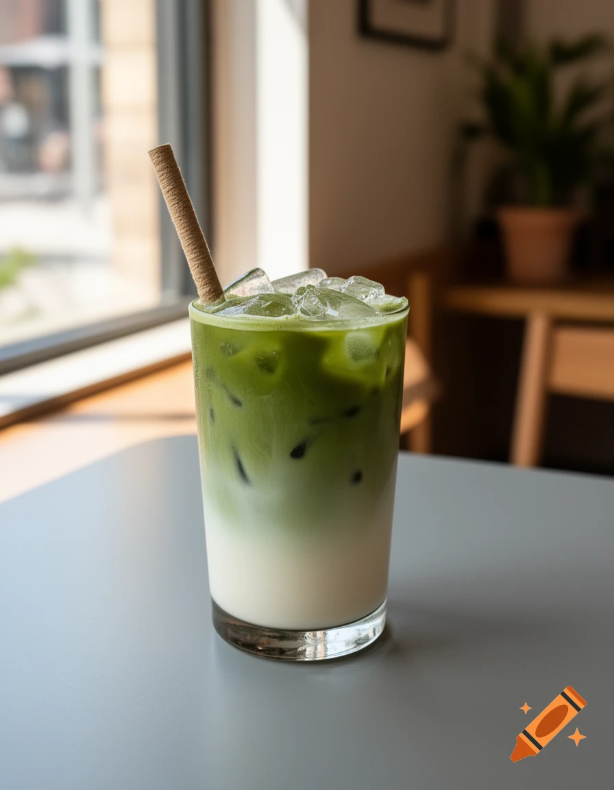 A tall glass of iced matcha latte with a straw sits on a gray table, illuminated by sunlight from a window.