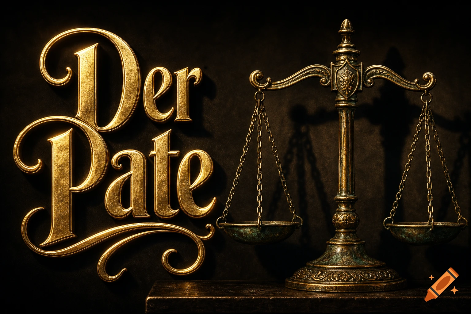 Ornate golden text "Der Pate" next to an antique brass scale of justice on a dark background.