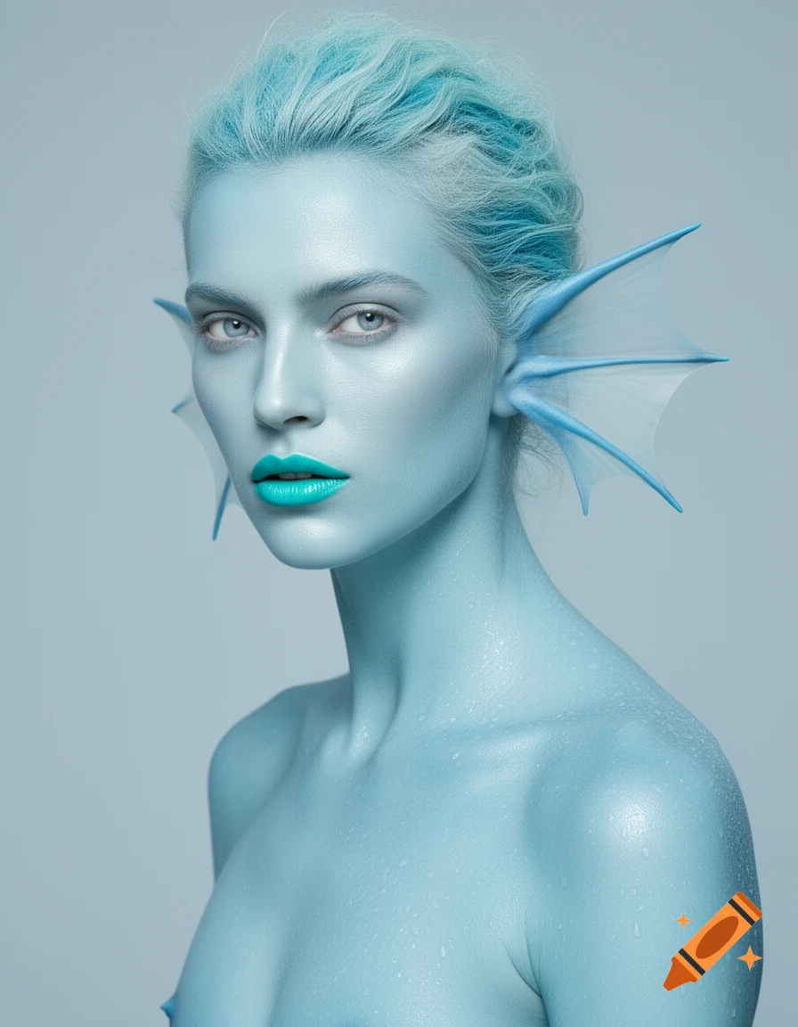 Close-up portrait of a woman with light blue skin, turquoise lips, blue hair, and fin-like ears, with water droplets on her skin.