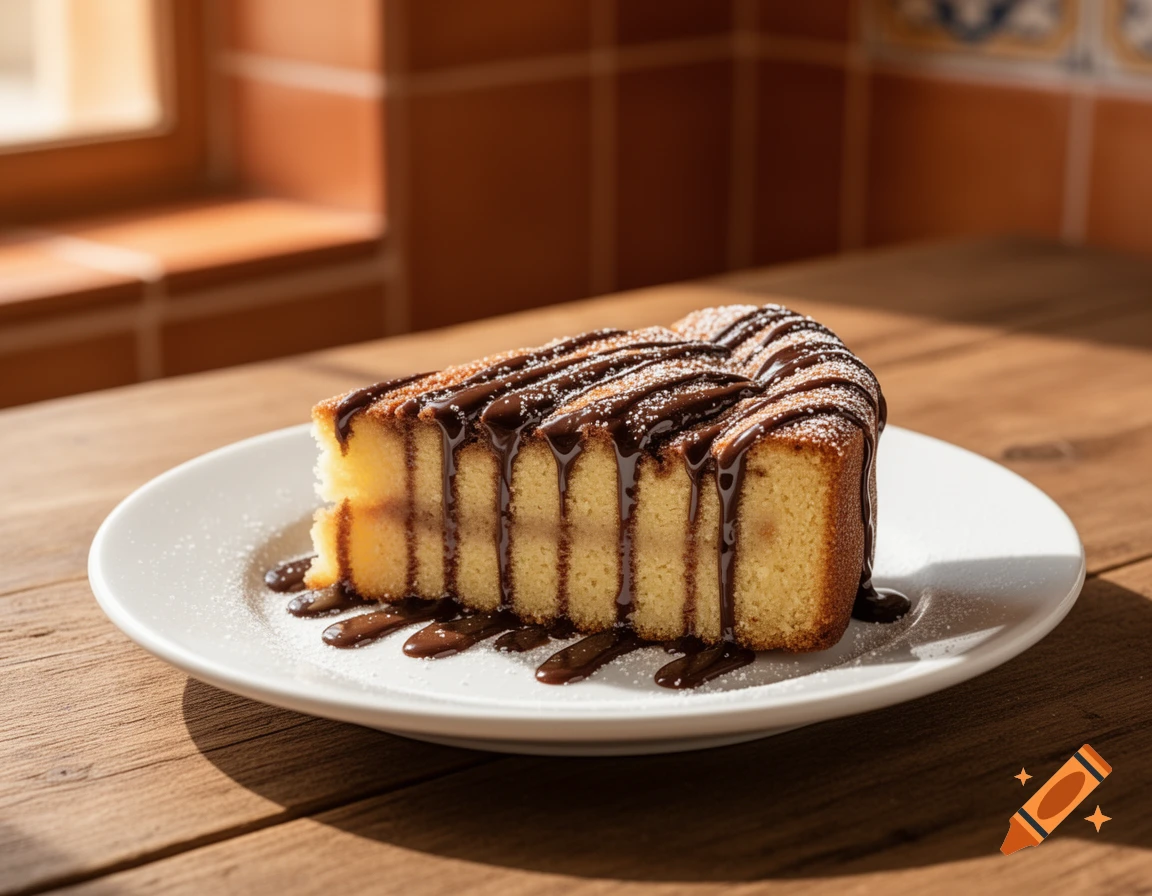 A slice of golden brown cake drizzled with dark chocolate sauce and sprinkled with powdered sugar on a white plate on a wooden table.