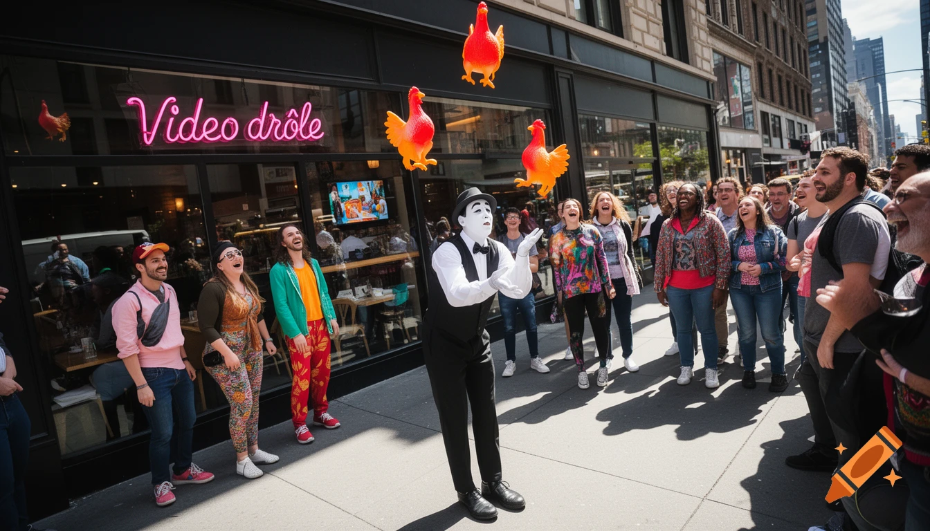 A mime in a city street juggles rubber chickens, entertaining a diverse, laughing crowd in front of a store with a neon 'Video dr ôle' sign.