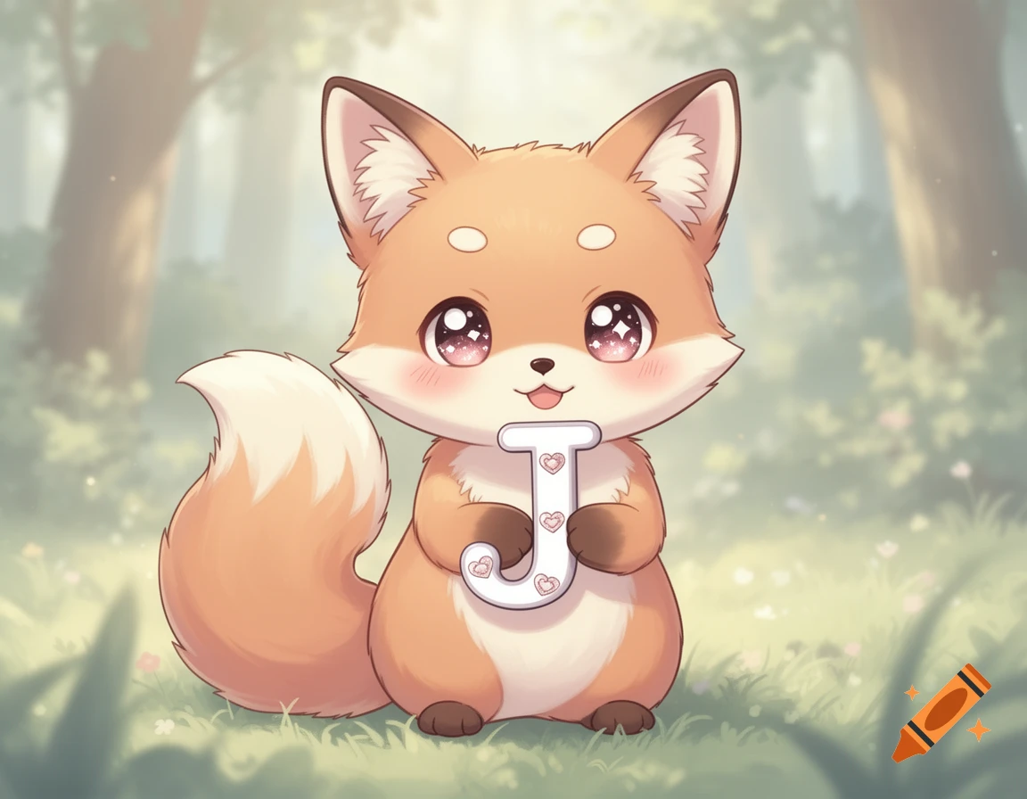 A cute, orange and white kawaii fox with big sparkling eyes sits in a forest, holding a white letter 'J' decorated with pink hearts.