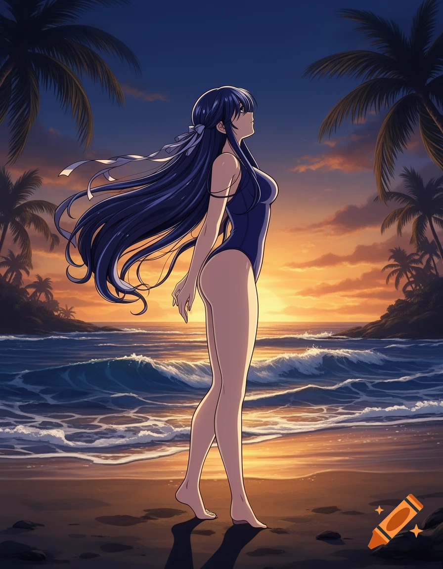 Anime girl in a swimsuit on a beach at sunset, looking out at the ocean.