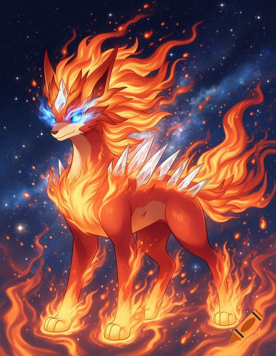 A vibrant, fiery Pokémon-like creature with blue glowing eyes and crystal spikes, stands on flames against a starry galaxy background.