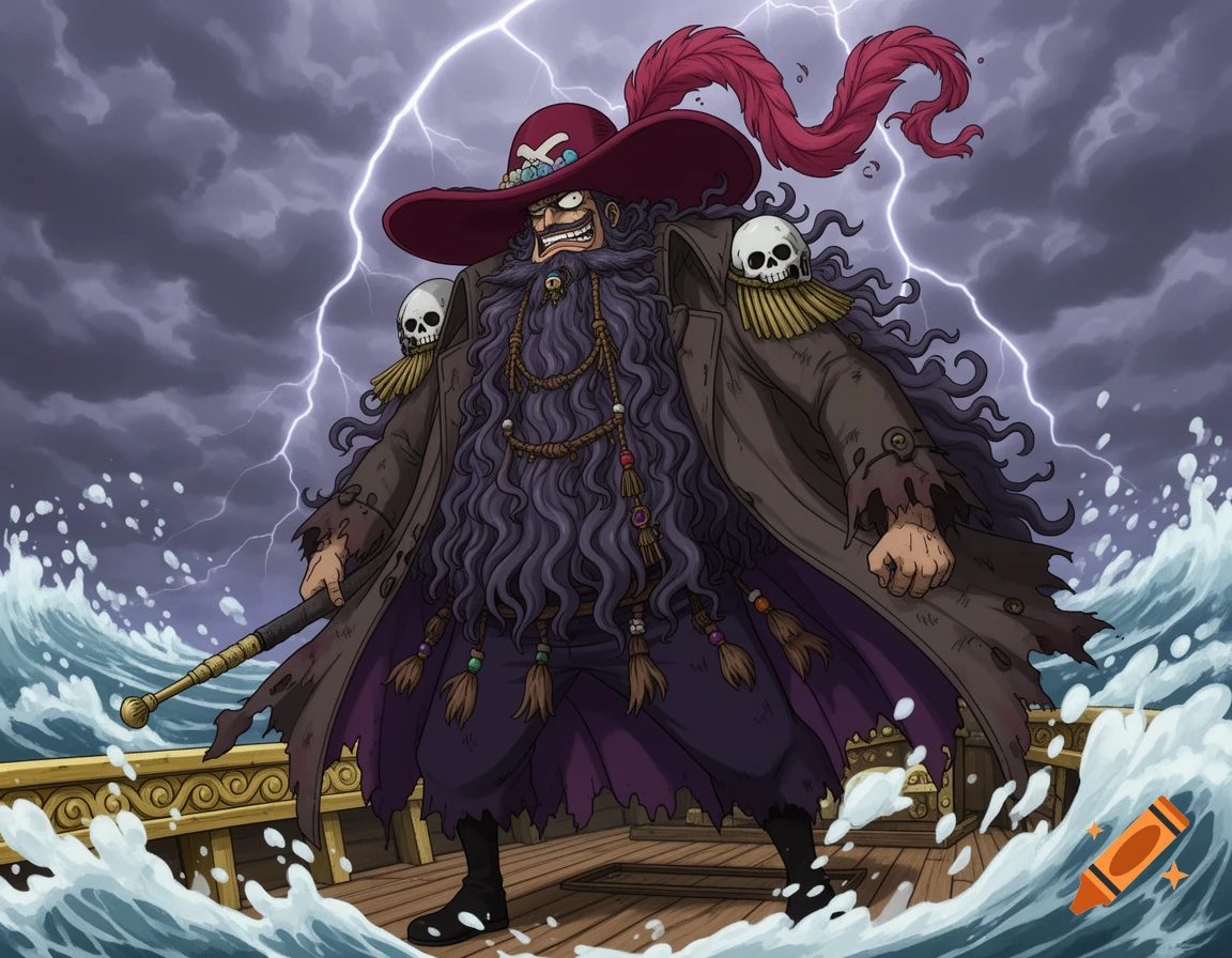 Anime illustration of a pirate with a dark, long beard and wide hat on a ship deck during a stormy lightning-filled night.