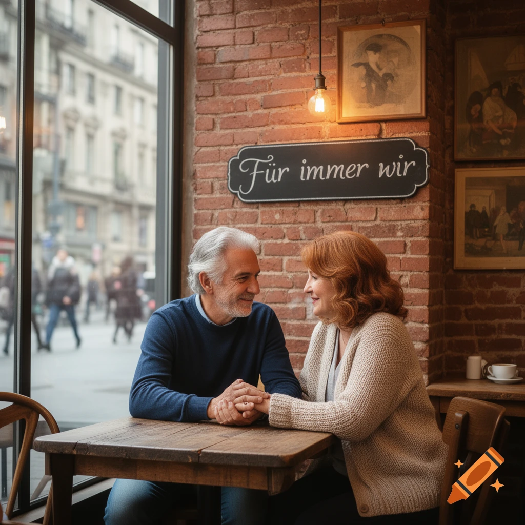 An elderly couple holds hands at a cafe table, smiling at each other, with a brick wall and a street view outside.