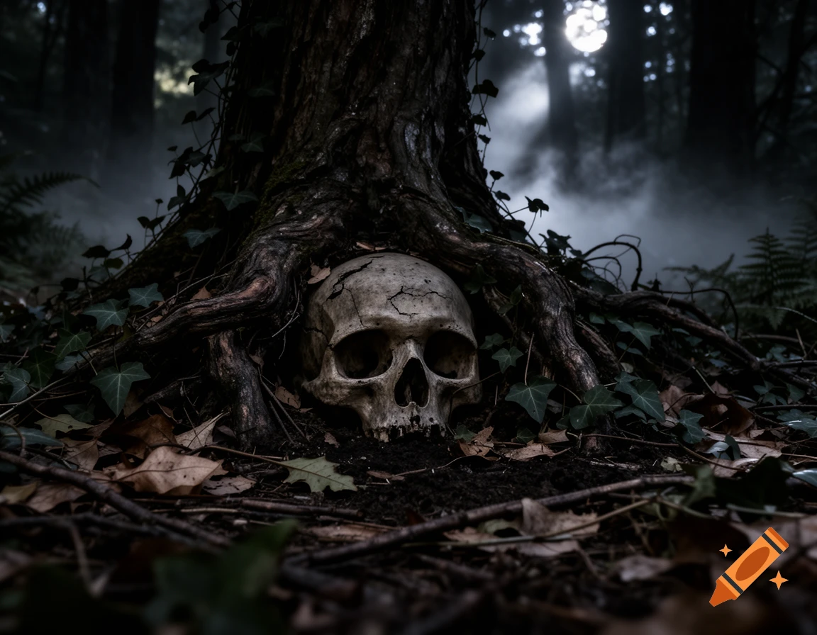 A weathered human skull lies at the base of a gnarled tree amidst ivy and dead leaves in a dark, foggy forest, lit by a full moon.