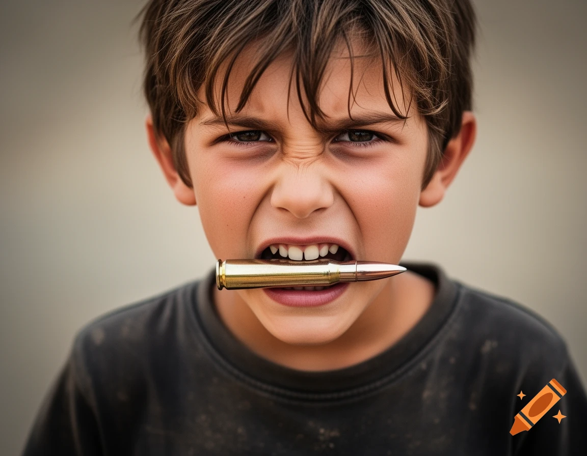 A close-up photorealistic portrait of a young boy with a fierce expression biting a large metal bullet.