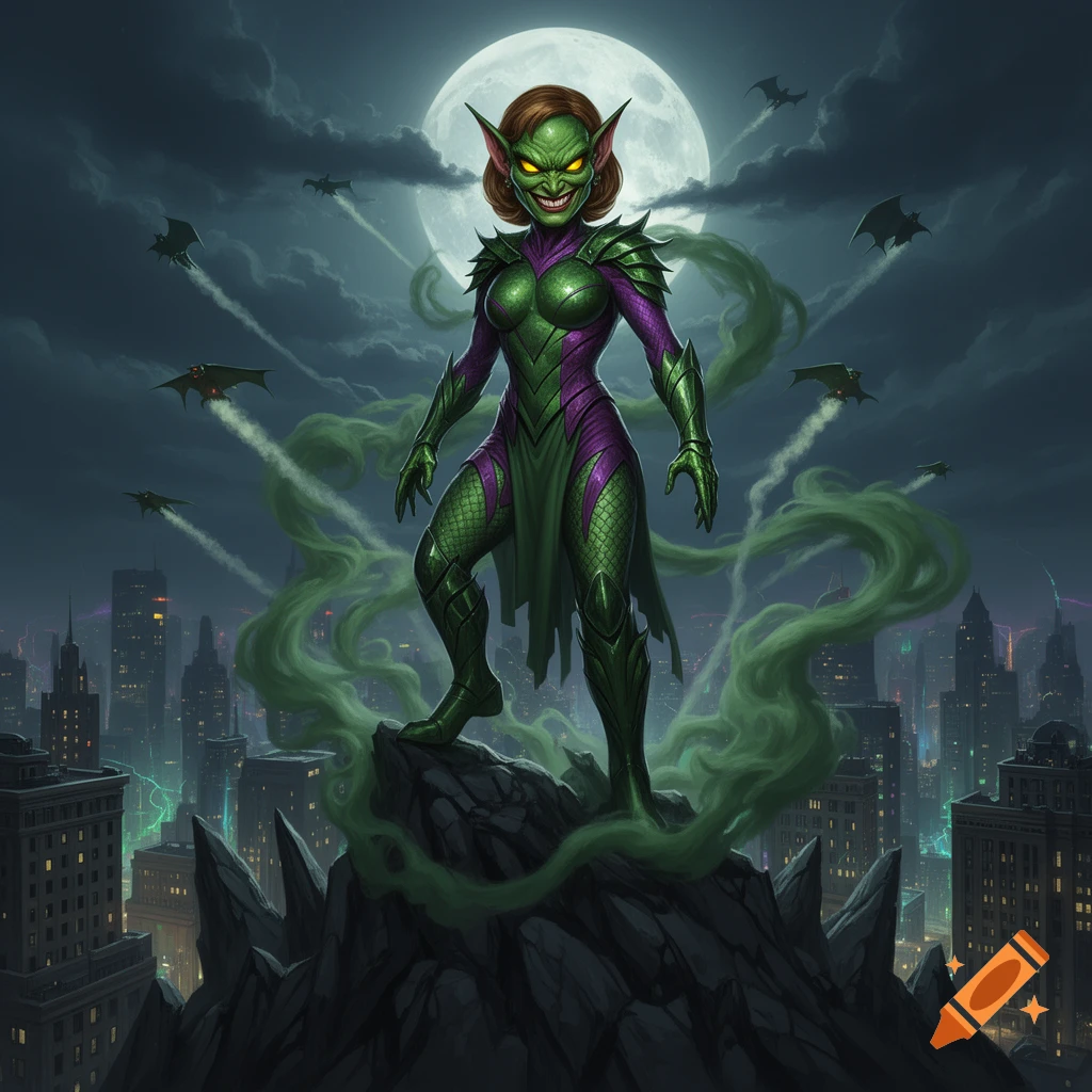 A female Green Goblin stands menacingly on a rock spire above a nighttime city skyline under a full moon, with bat-like gliders flying around.