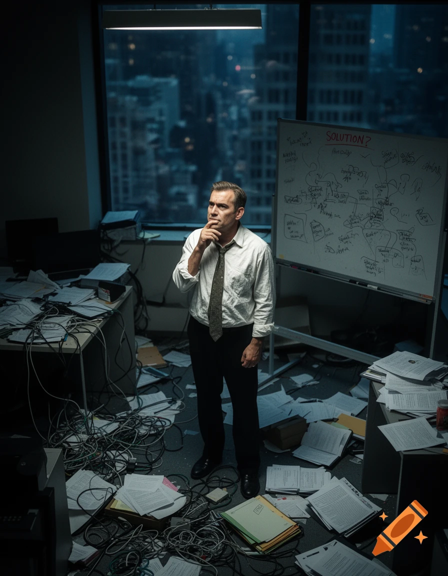 A man in a messy office stands contemplating in front of a whiteboard with 'SOLUTION?' written on it, city lights visible outside a window at night. Photorealistic.
