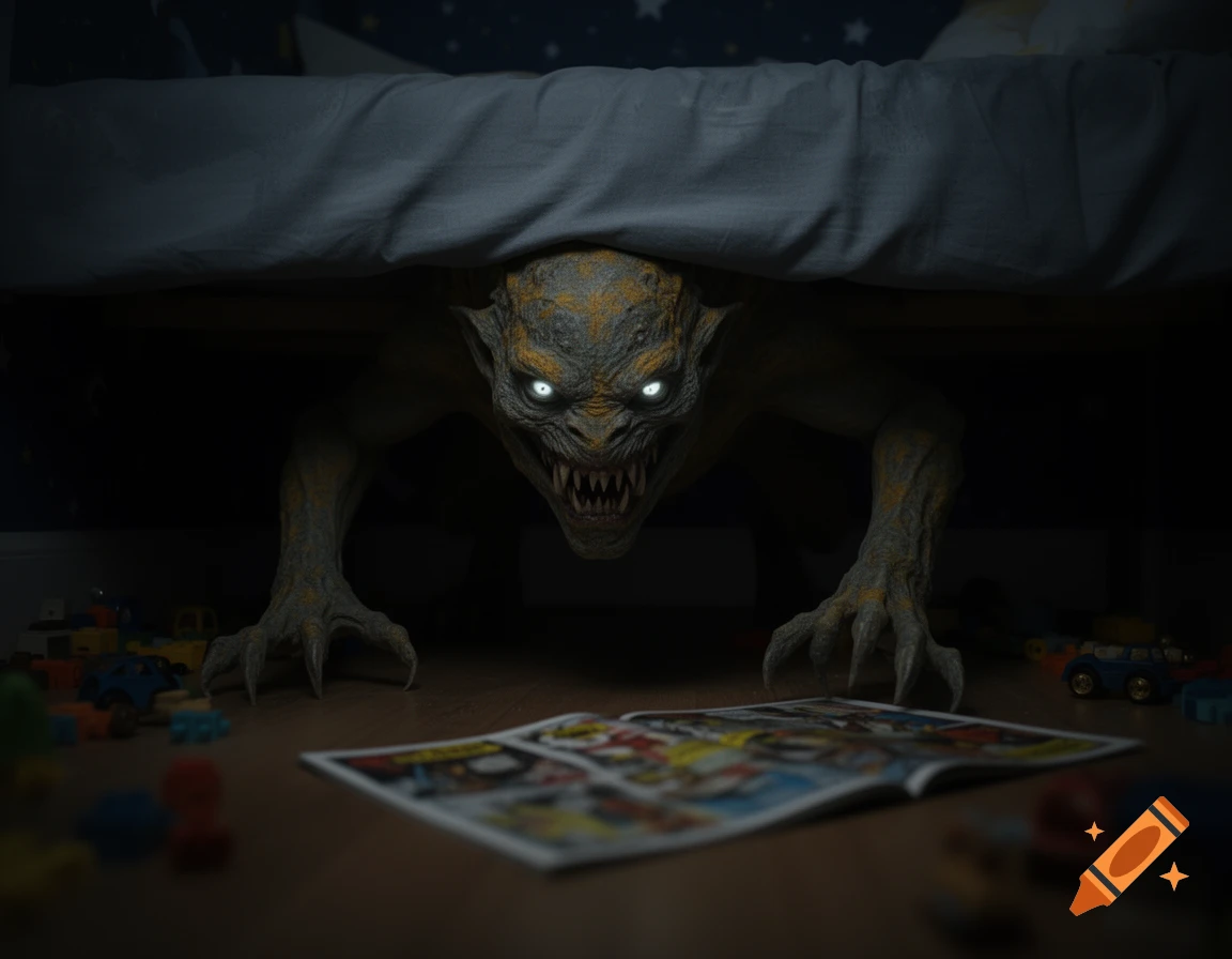 A terrifying monster with glowing eyes emerges from under a bed in a dark room with scattered toys and a comic book.