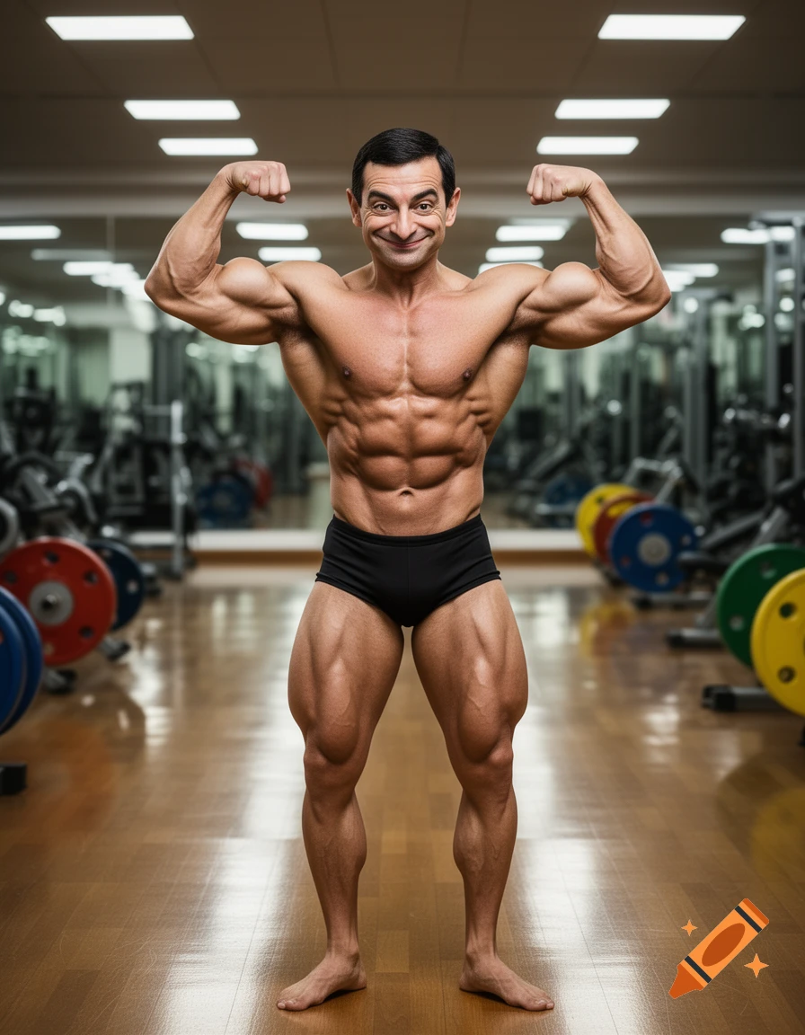 Muscular Mr. Bean flexing his biceps in a gym, making a silly face, photorealistic style.