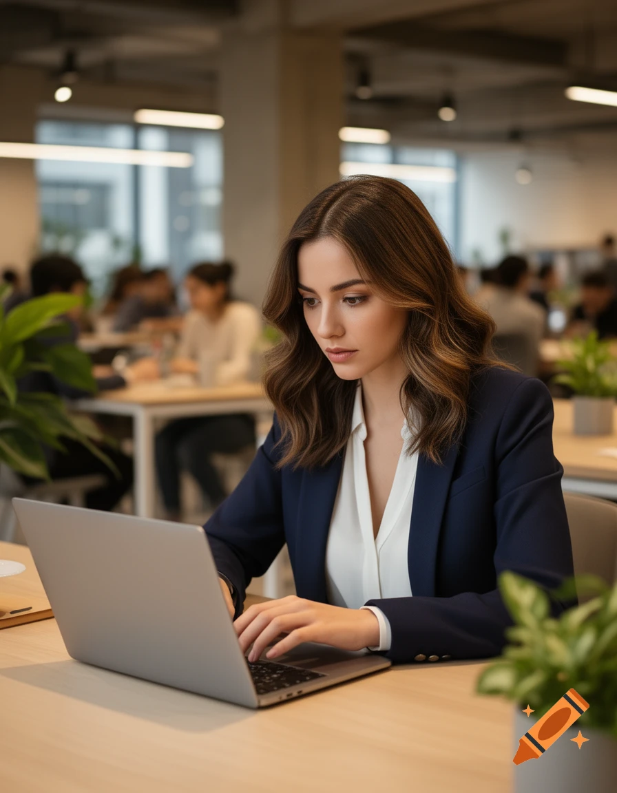 A focused woman with long brown hair, wearing a navy blazer, works intently on a laptop in a modern co-working space.