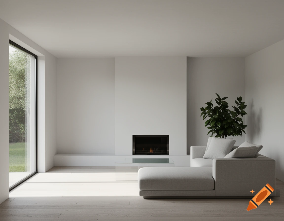 A modern minimalist living room with white walls, a large window, a fireplace, a grey sectional sofa, and a potted plant.