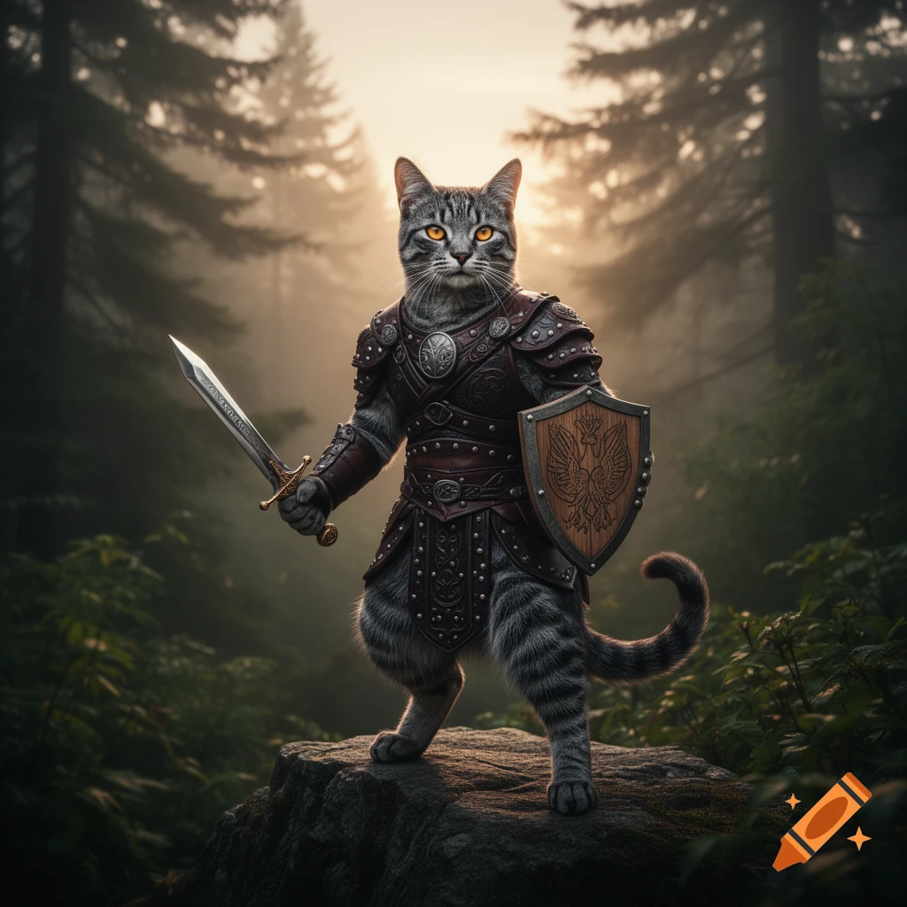 A photorealistic tabby cat warrior stands on a rock in a foggy forest, wearing dark leather armor and holding a sword and shield.